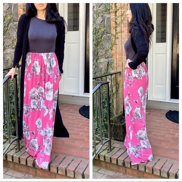 ✨LAST ONE✨CHARCOAL FLORAL SIDE POCKETS MAXI DRESS - Picture 10 of 13